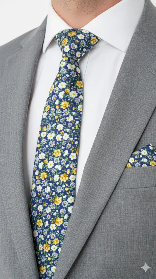 Set Corbata y Pañuelo Floral Azul con Amarillo