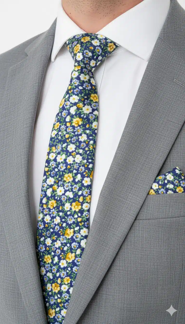 Set Corbata y Pañuelo Floral Azul con Amarillo