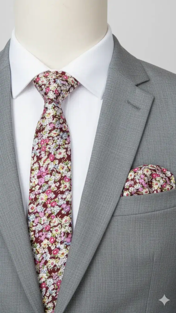 Set Corbata y Pañuelo Floral Fucsia sobre Bordó
