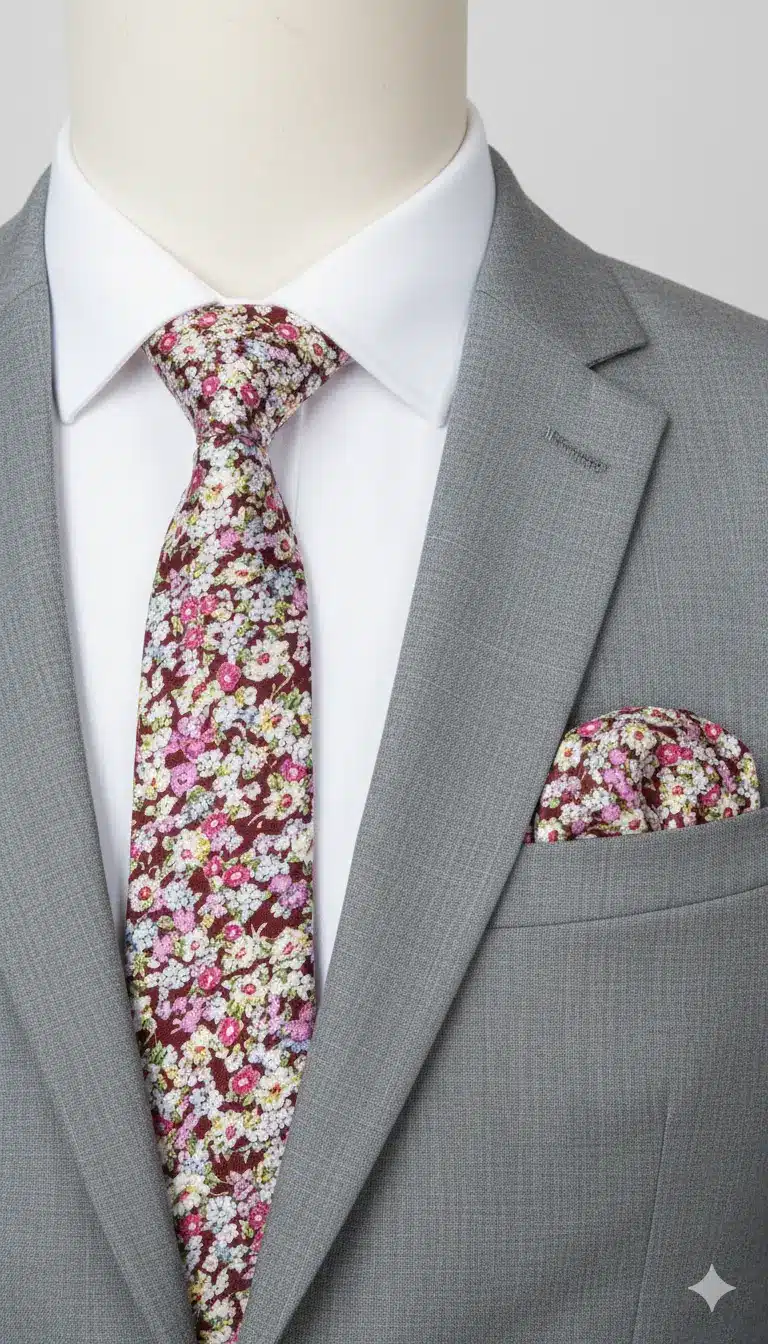 Set Corbata y Pañuelo Floral Fucsia sobre Bordó