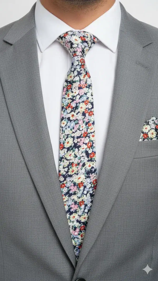 Set Corbata y Pañuelo Floral Multicolor Fondo Azul Marino