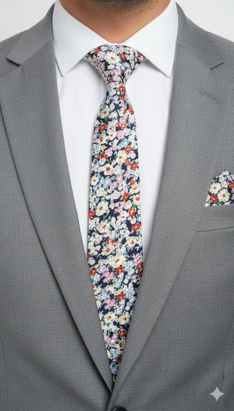 Set Corbata y Pañuelo Floral Multicolor Fondo Azul Marino Set Corbata y Pañuelo Floral Multicolor Fondo Azul Marino