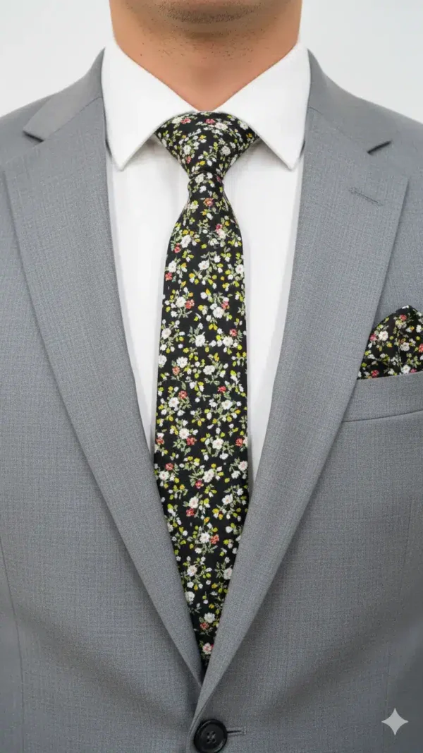Set Corbata y Pañuelo Floral con Fondo Negro