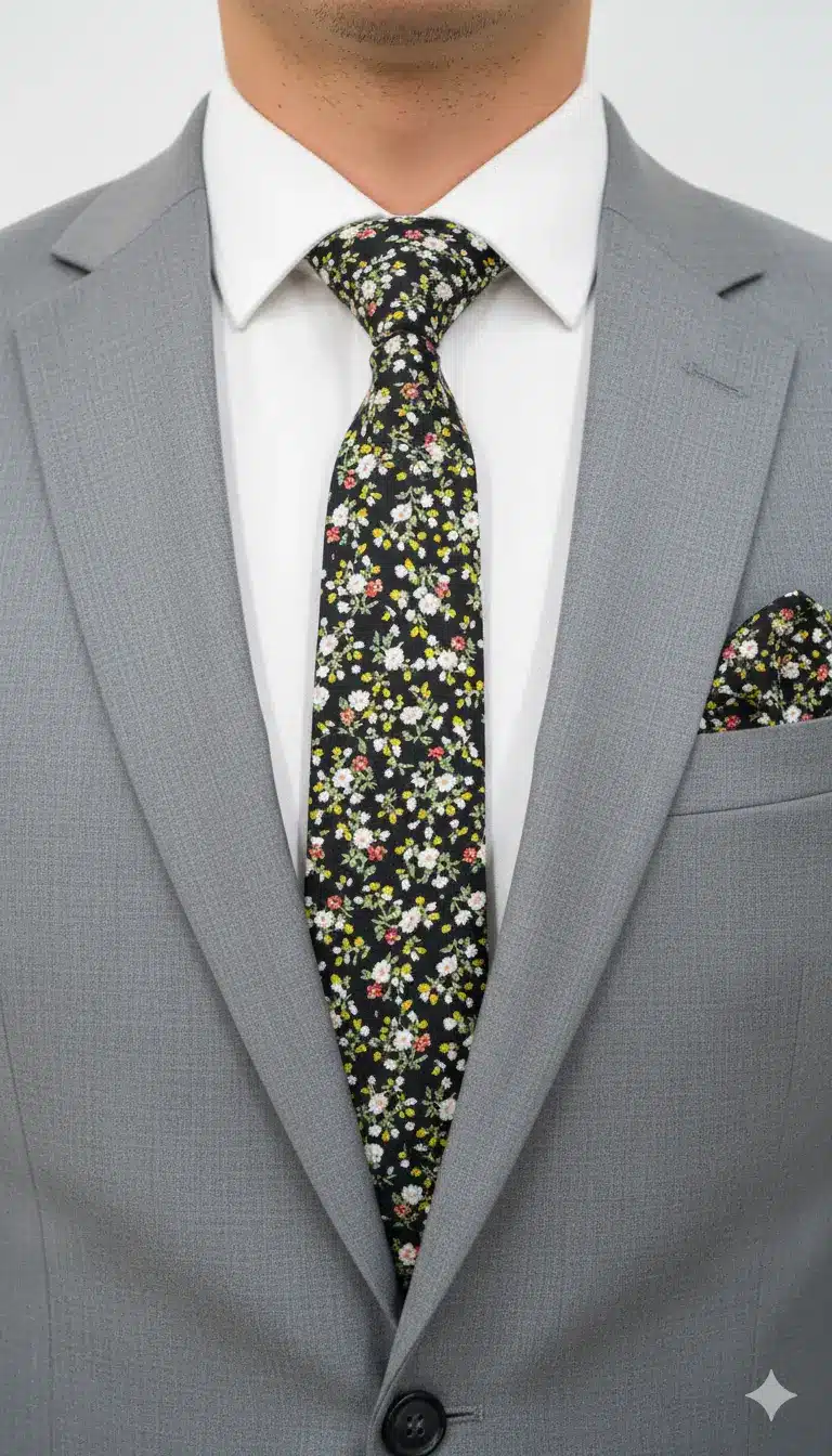Set Corbata y Pañuelo Floral con Fondo Negro